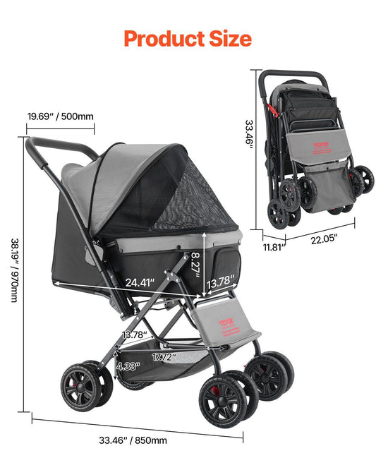 Pet stroller with dimensions on a white background