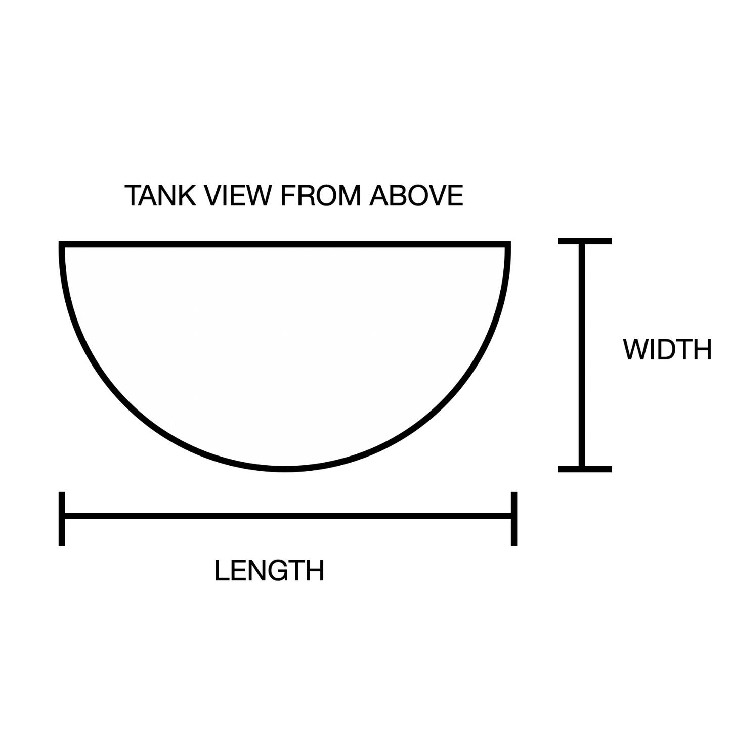 Diagram of a tank view from above with measurements labeled for length and width.