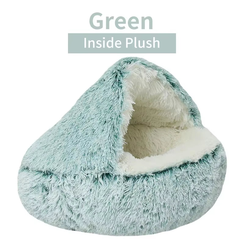 Plush cozy and comfortable green pet bed with white interior on a white background.