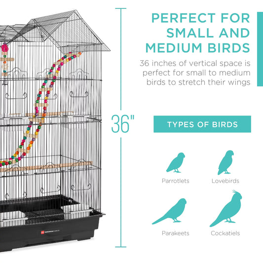 Bird cage with decorative elements and text about bird types and cage dimensions.
