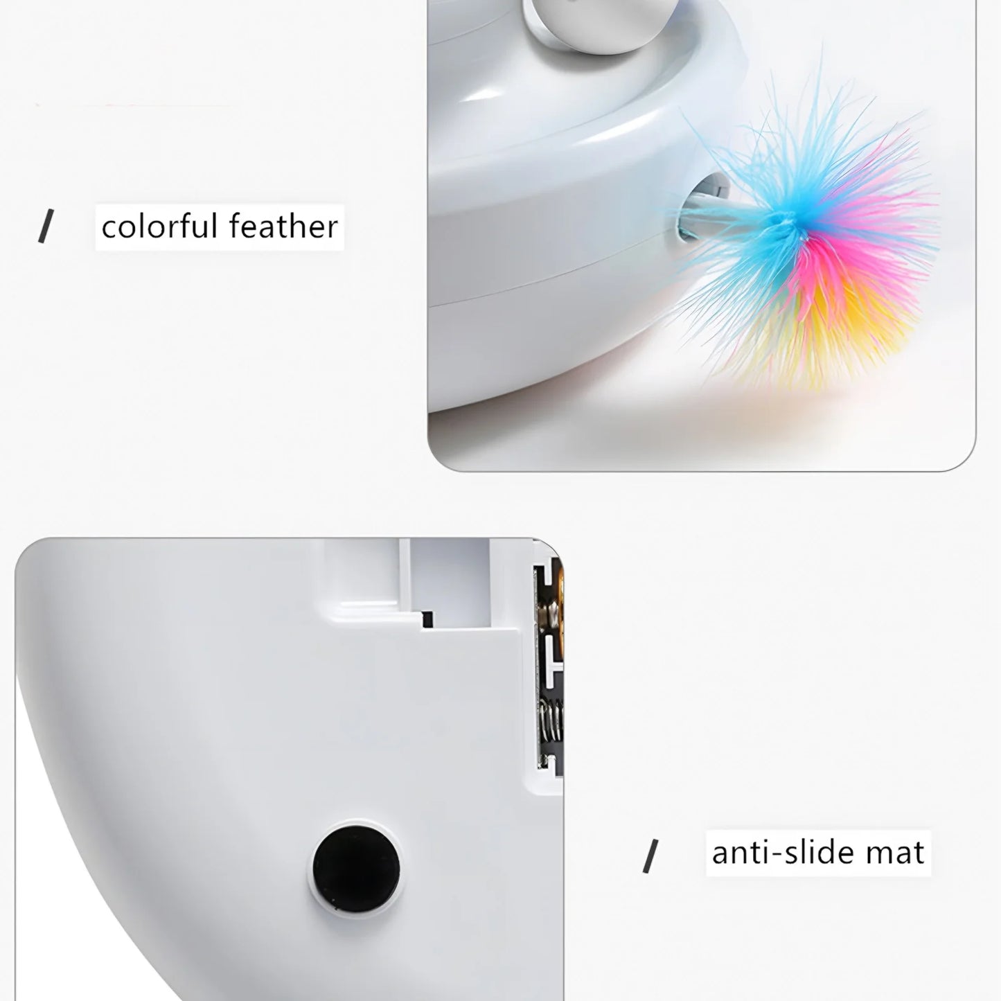Close-up of a Device with a Colorful Feather Attachment and an Anti-Slide Mat feature.