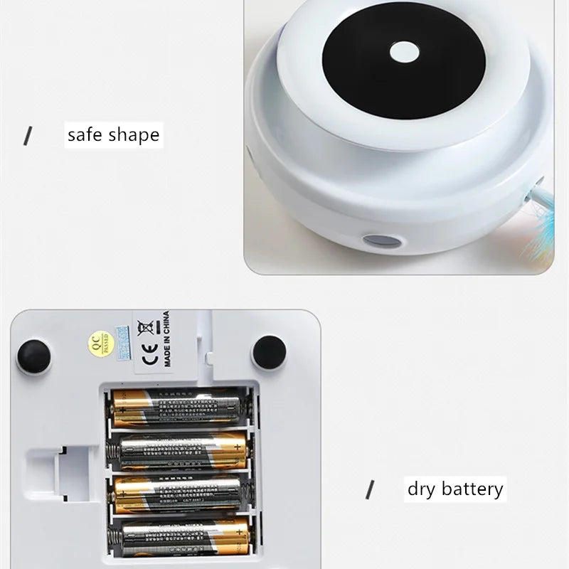 Small White Device with Black Circular Component and Batteries on a light gray background.