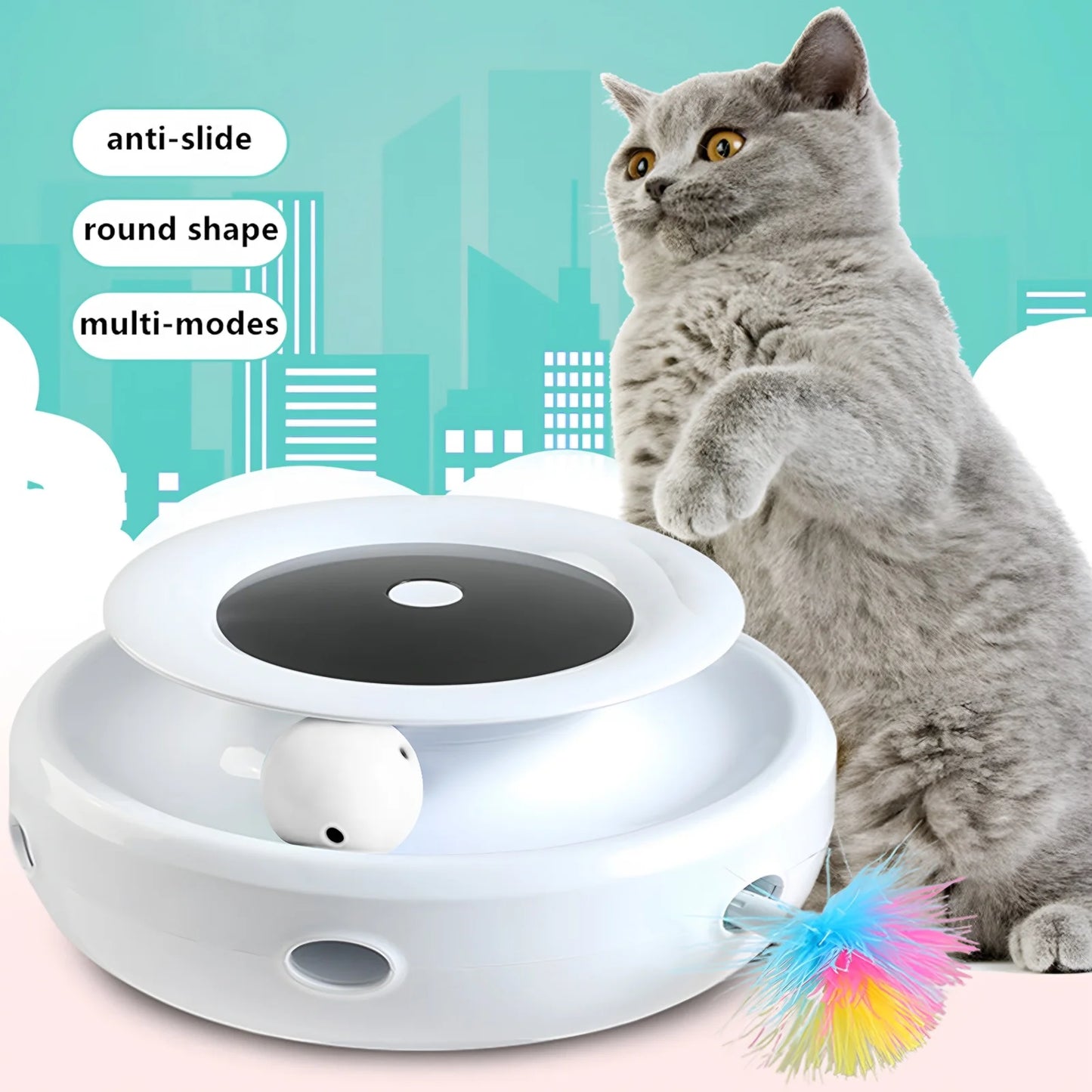 Cat playing with an Interactive Toy with Feathers on a pink surface with a Cityscape background.