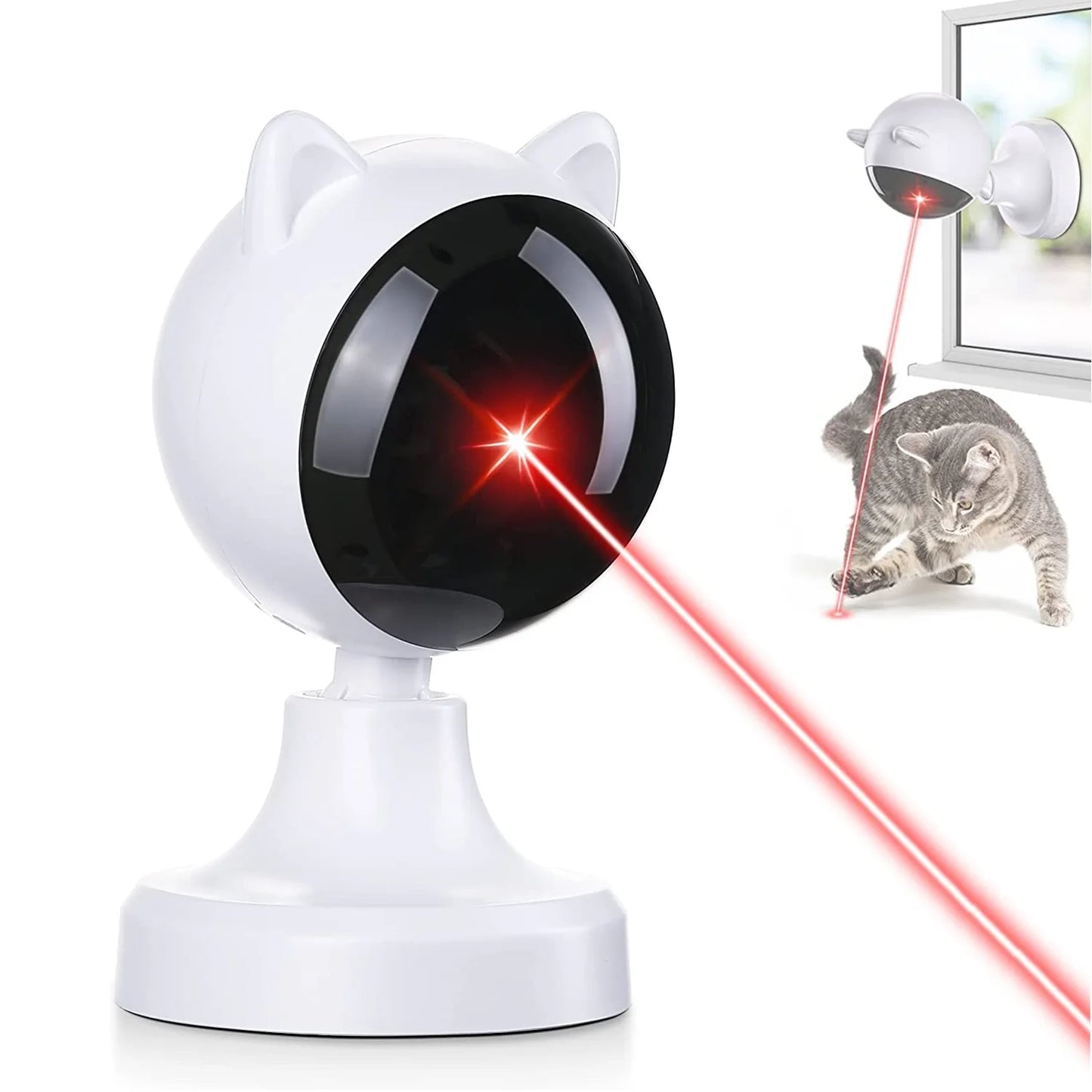 Automatic Cat Laser Toys - Pictured with a Cat Playing in the Background. Interactive Laser Cat Toys for Indoor Cats/Kitty/Dogs, Cat Laser Toy Automatic, White.