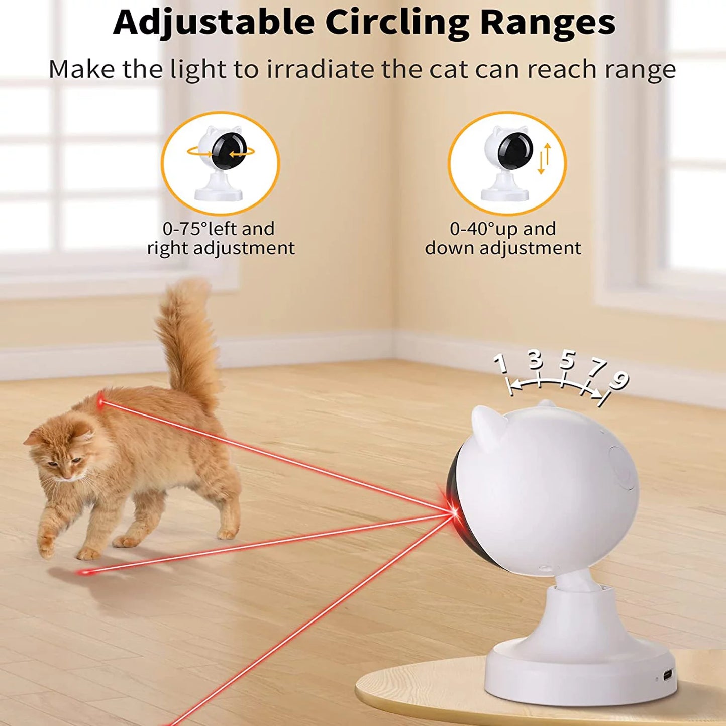 Cat Toy with Adjustable Laser Pointer and Cat Walking on a Wooden Floor Showing Adjustments.