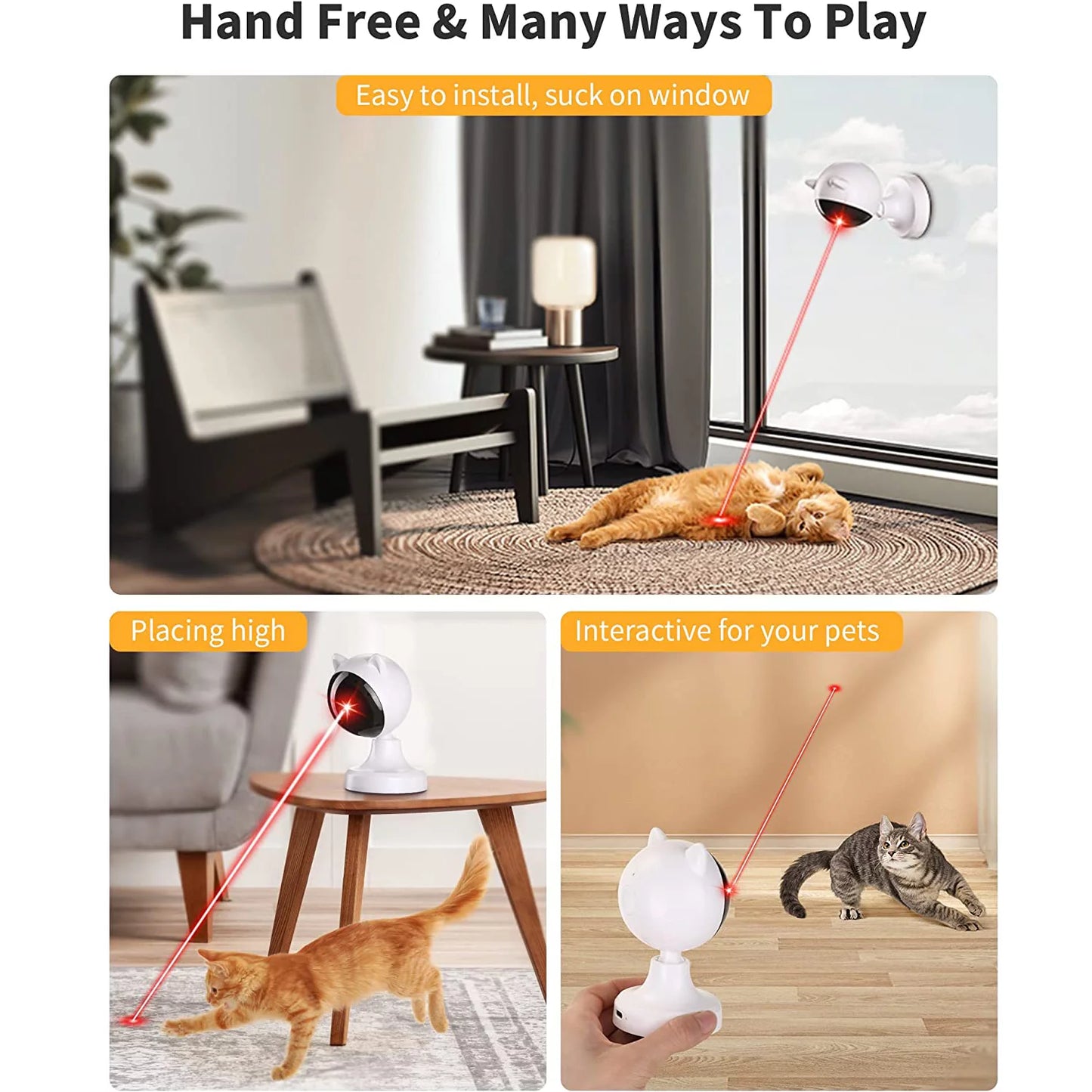 Product Advertisement for a Cat Toy with Laser Pointer, Showing its use in a Home Setting.
