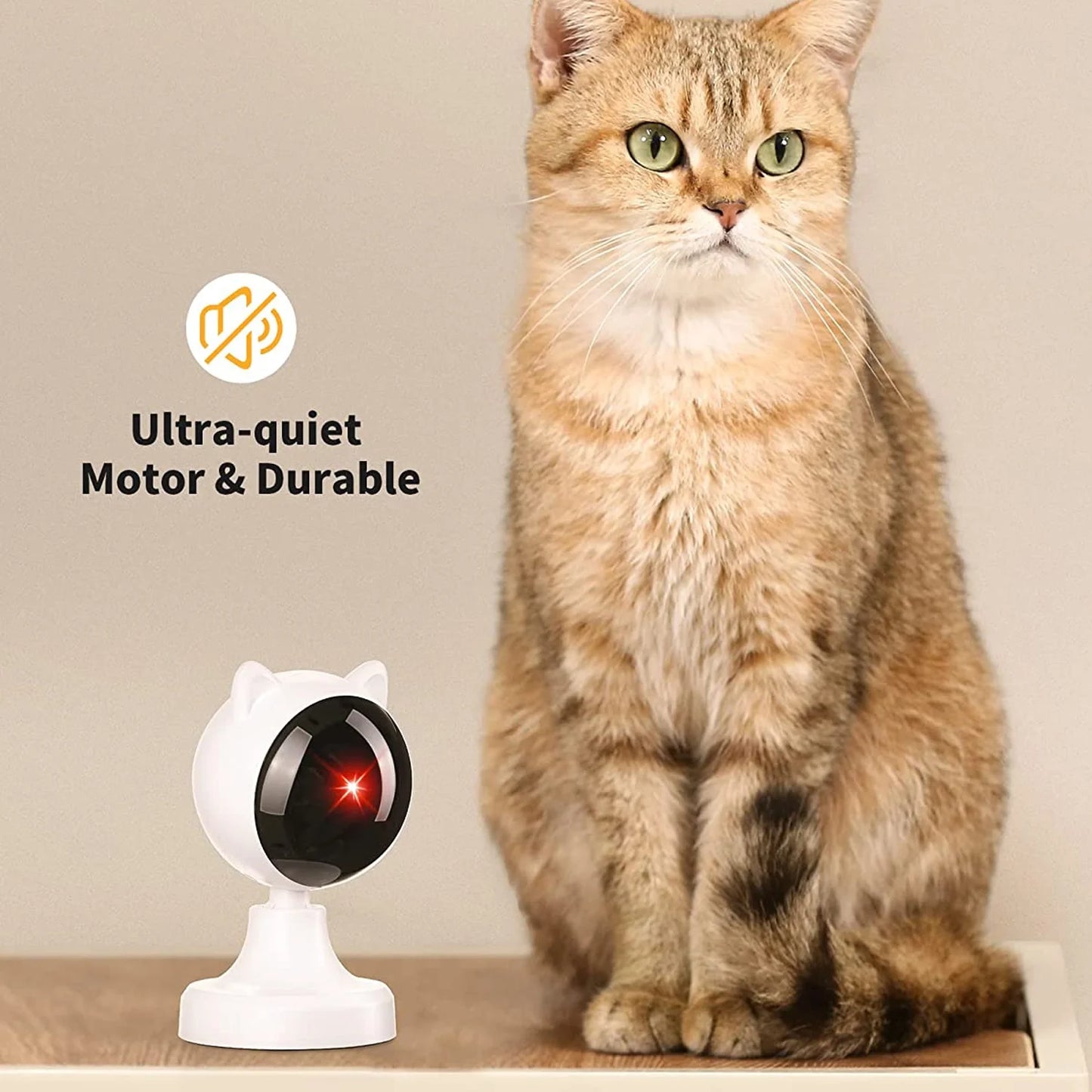 Cat sitting next to a Laser Toy - With 'Ultra-Quiet Motor & Durable' Text on a Beige Background.