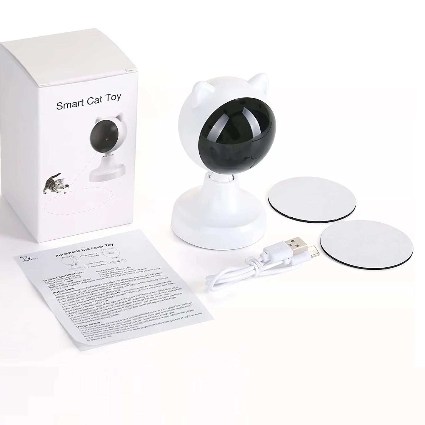 Smart cat toy with packaging, USB cable, and user manual on a white background.