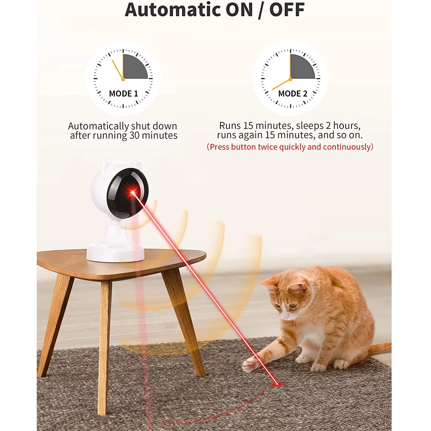 Cat playing with a laser pointer device on a table, with text about automatic on/off settings.