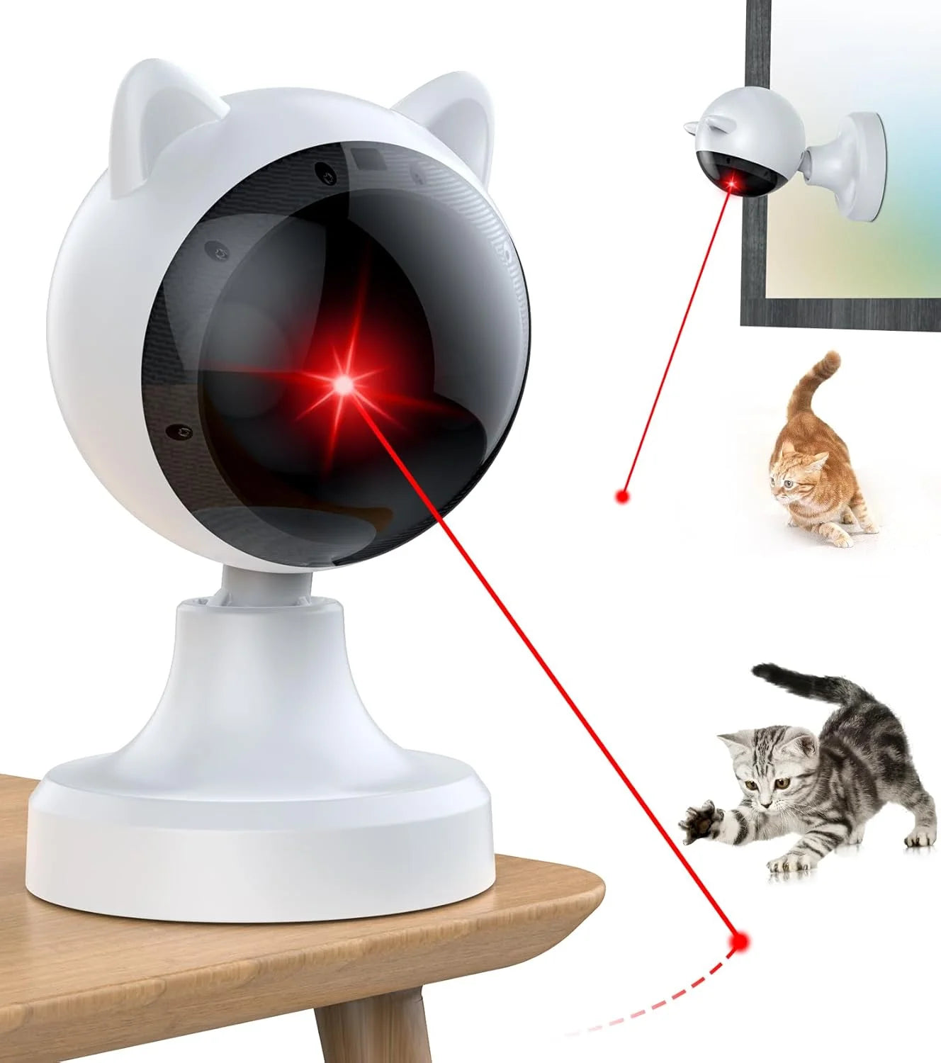 White cat-shaped laser toy with red laser pointer on a wooden surface, showing two cats being attracted by the laser.