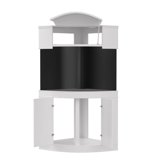 White corner cabinet with black interior on a white background