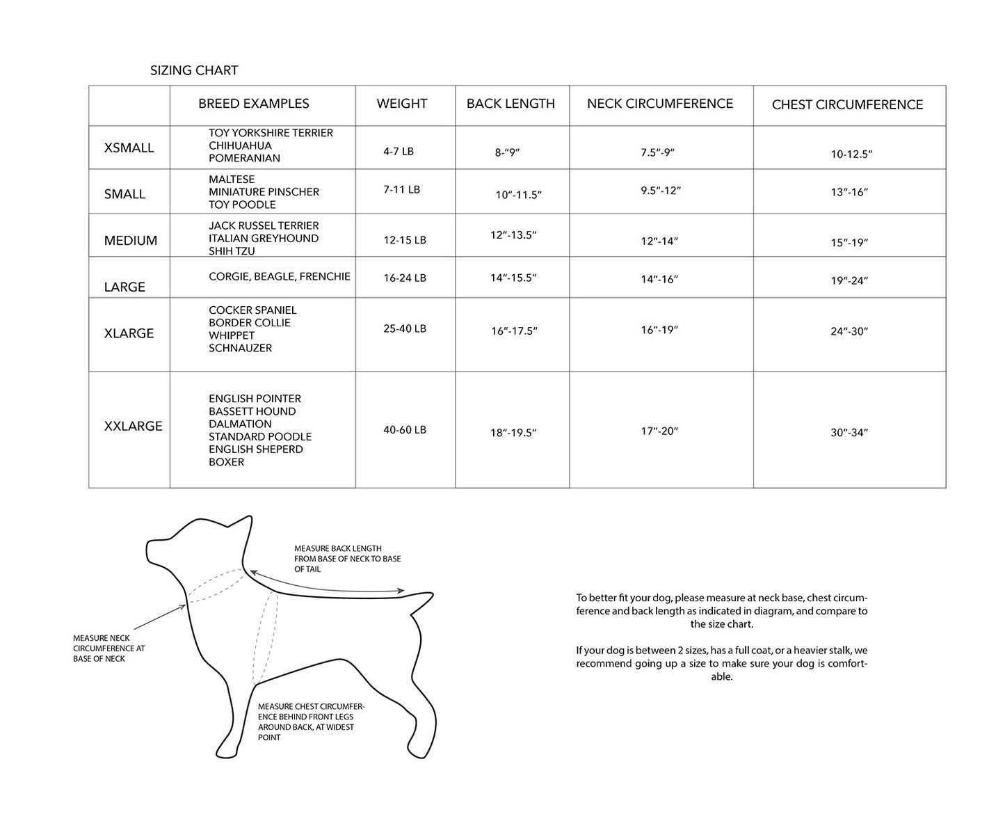 Dog sizing chart with breed examples, weight, back length, neck circumference, and chest circumference measurements.