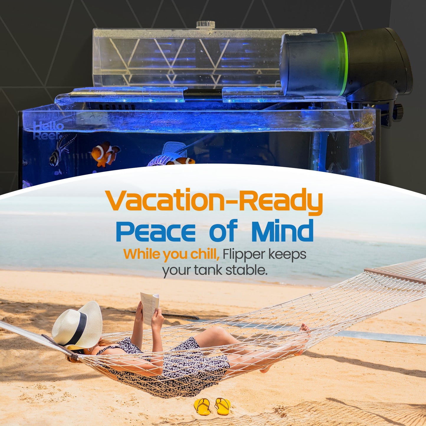 Person relaxing in a hammock with a beach scene and aquarium in the background, promoting 'Flipper' product.