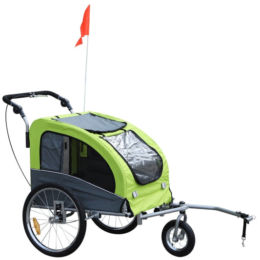 Green and gray bike trailer with a red flag on a white background