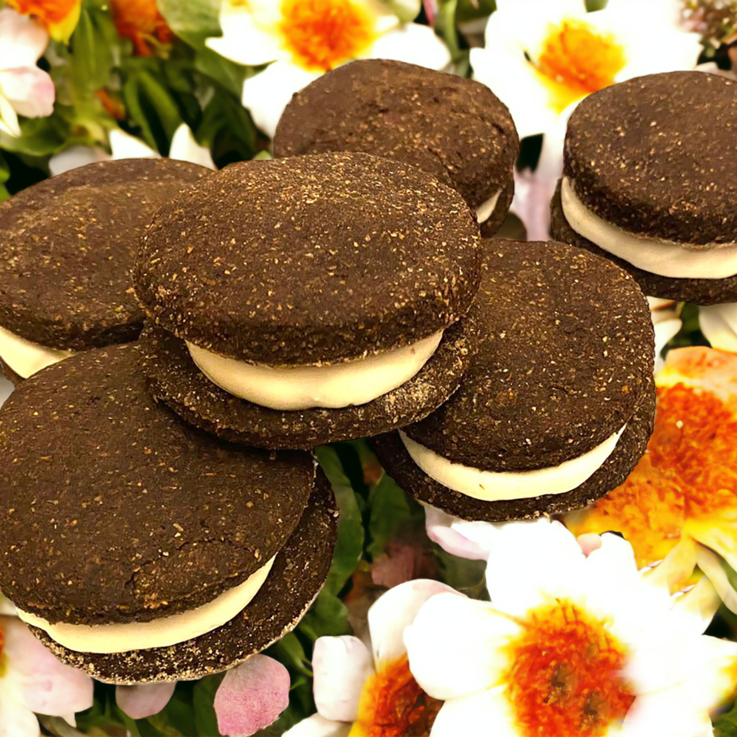 Stack of chocolate sandwich cookies with white filling on a floral background