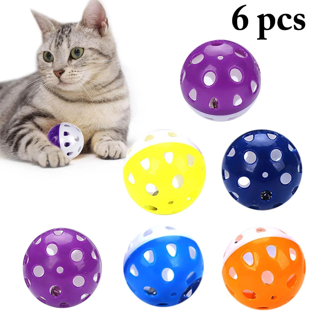 6PCS Cat playing with Colorful Polka Dot Balls on a white background.
