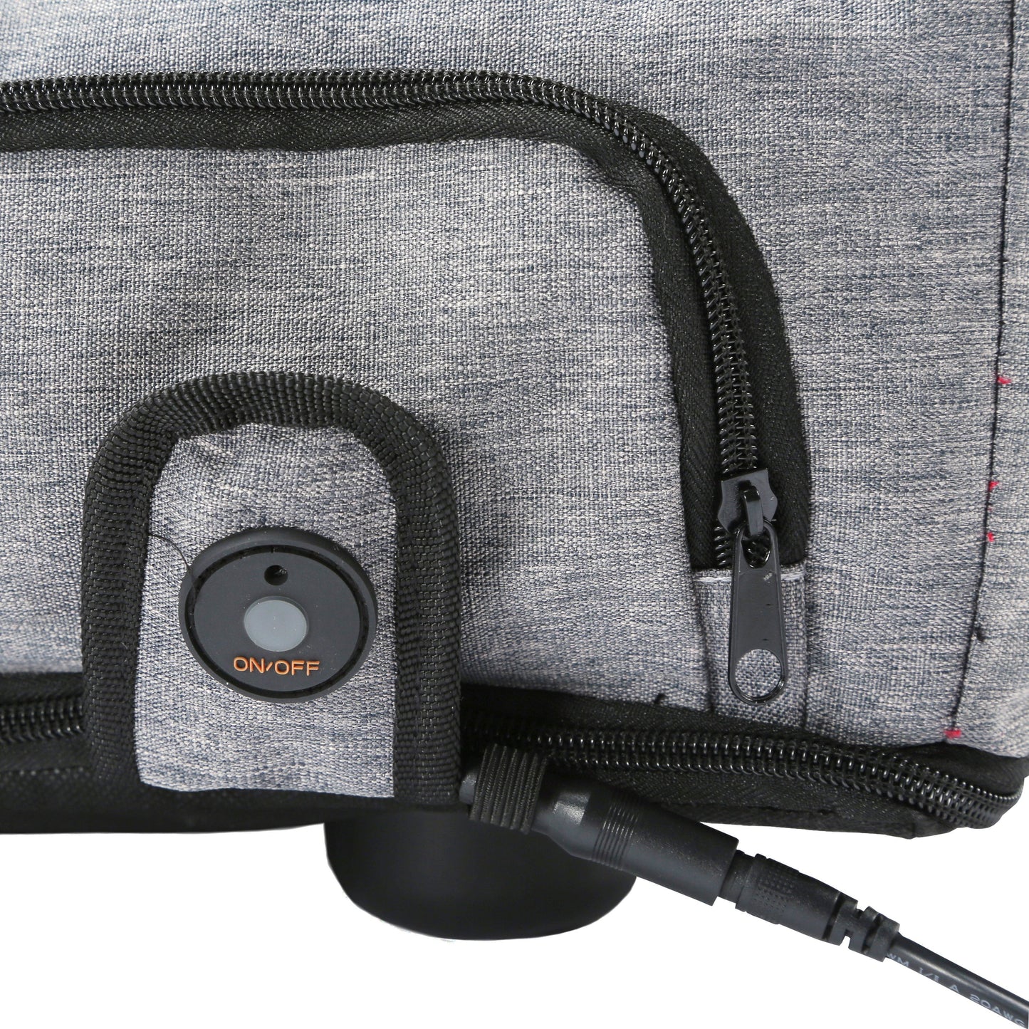 Gray bag with a power switch and cable on a white background