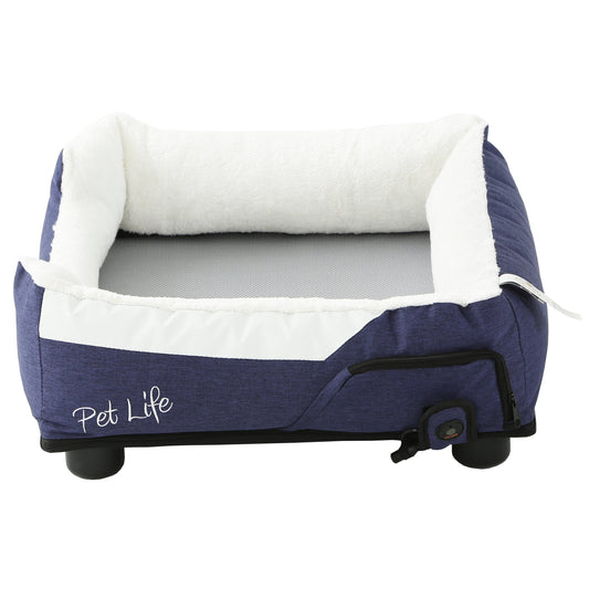 Pet bed with white interior and blue exterior on a white background, featuring 'Pet Life' branding.