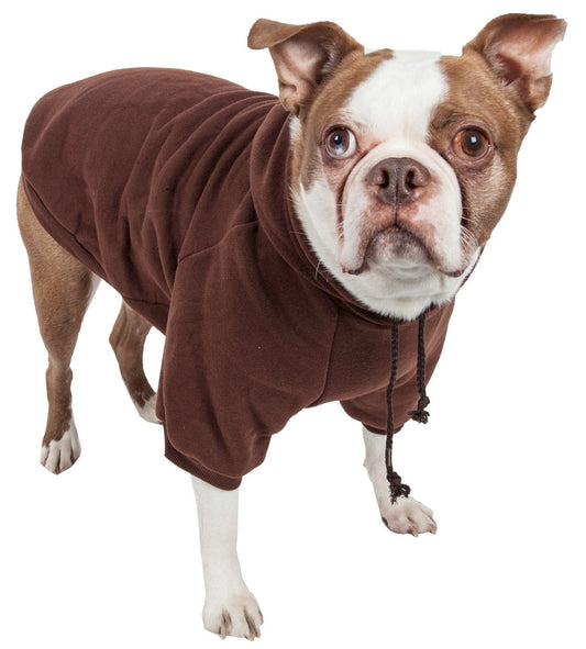 Dog wearing a brown hoodie on a white background