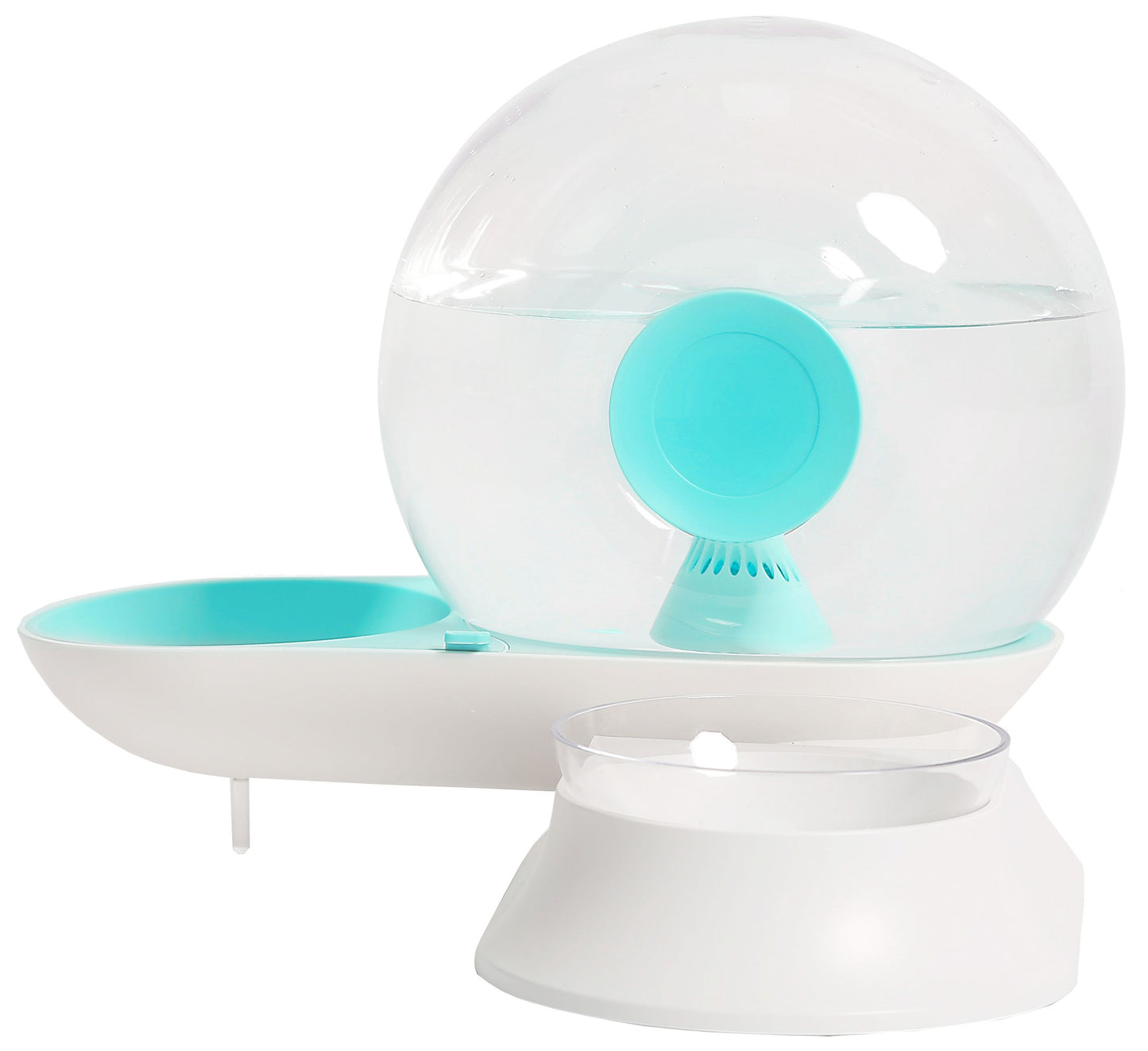 Pet water fountain with a transparent bowl and turquoise interior on a white background
