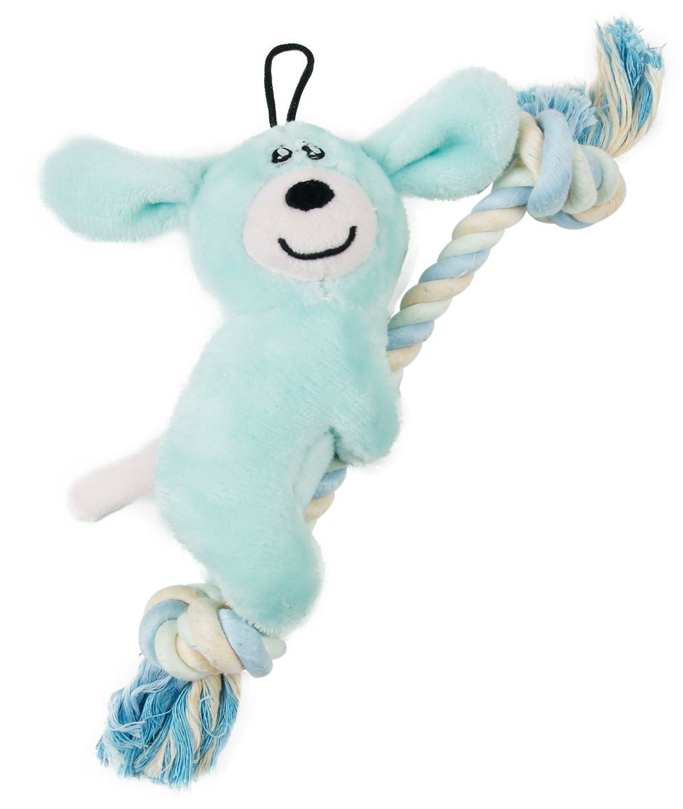 Blue plush dog toy with a rope on a white background