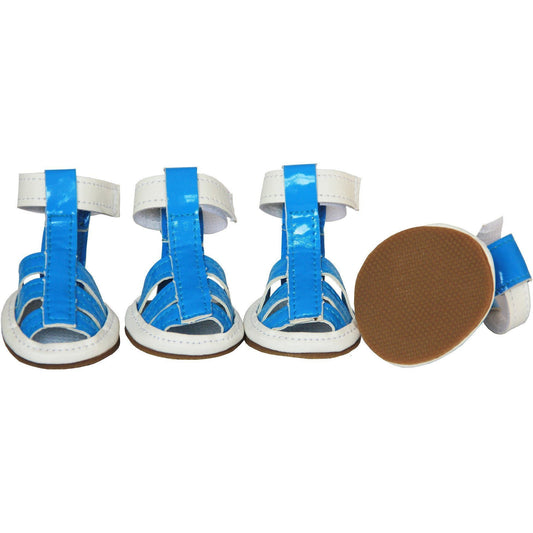 Blue sandals with white straps on a white background