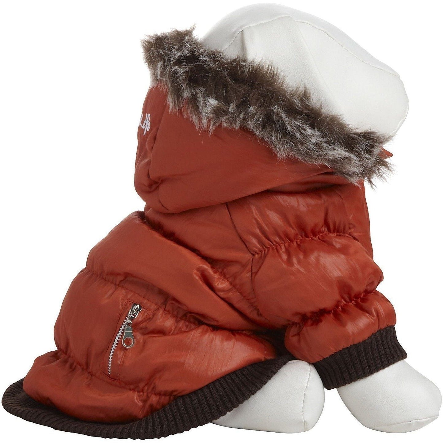 Red puffer jacket with fur hood on a mannequin against a white background