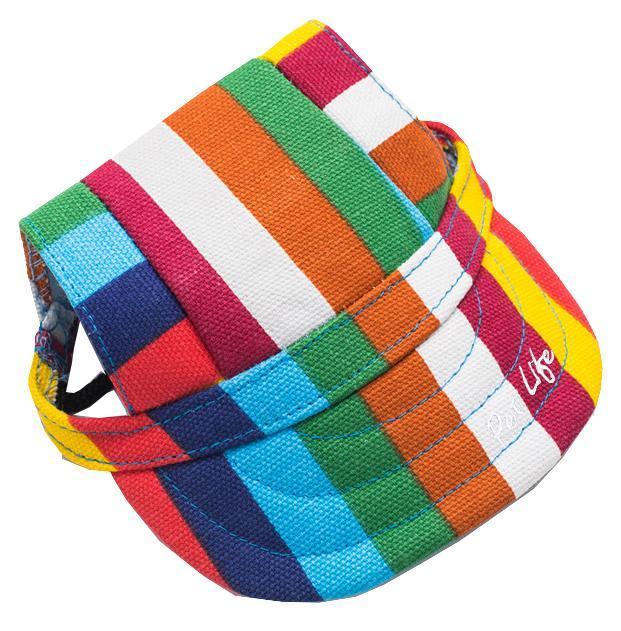 Colorful striped dog collar with a brand logo on a white background