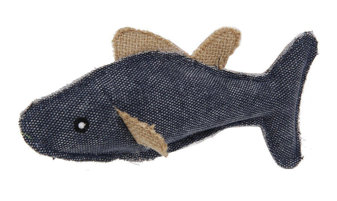 Dog toy shaped like a shark with a textured surface on a white background