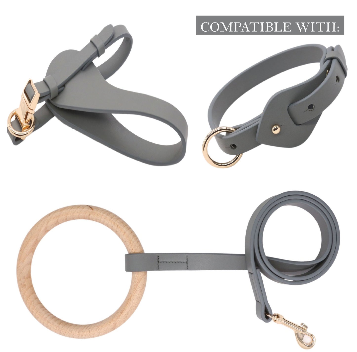 Gray dog muzzle, collar, and leash set on a white background