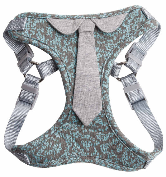 Dog harness with blue and gray pattern on a white background
