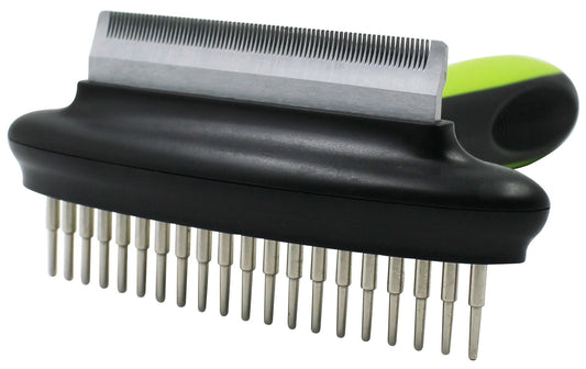 Pet grooming comb with black handle and metal teeth on a white background