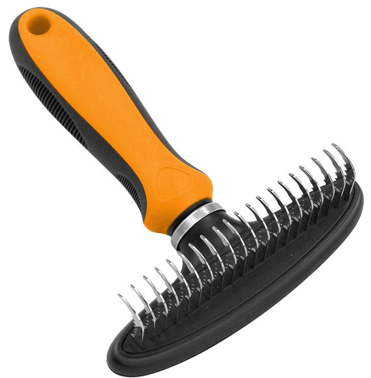 Pet grooming brush with orange handle and metal bristles on a white background