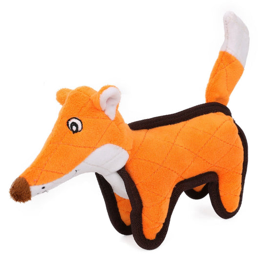 Plush fox toy with orange body, white face, and black accents on a white background