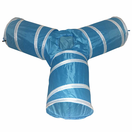 Blue pet tunnel with reflective stripes on a white background