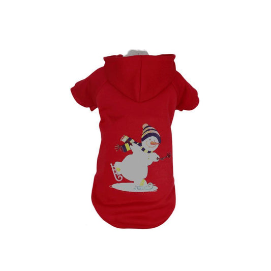Red dog hoodie with a snowman design on a white background