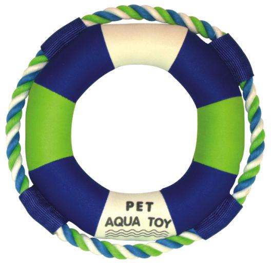 Blue and green pet aqua toy with a label on a white background