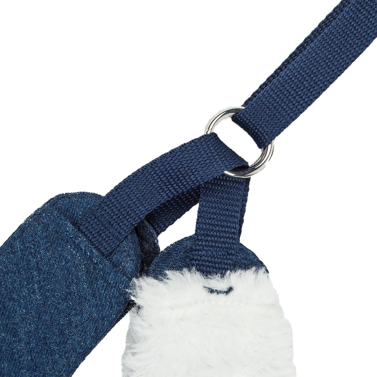 Close-up of a blue strap with a white fluffy object on a white background