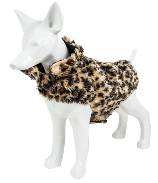 Leopard print dog coat on a white mannequin