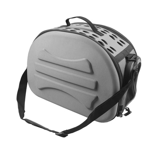 Gray pet carrier with black straps on a white background