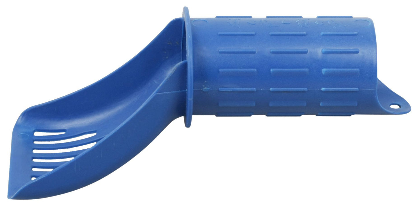 Blue plastic tool with a curved blade on a white background