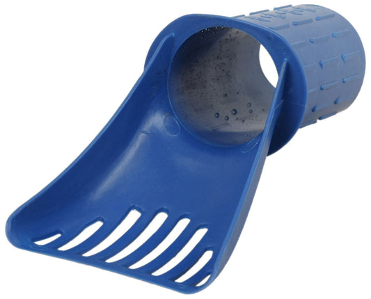 Blue plastic scoop with textured interior on a white background