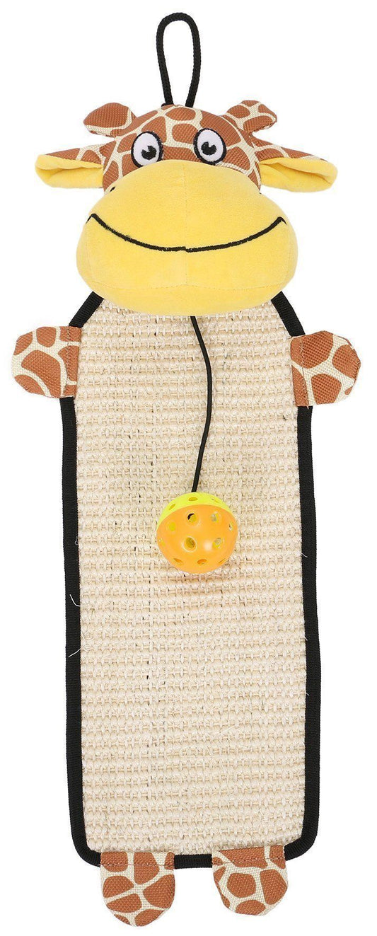 Giraffe-shaped pet toy with a striped body and button detail on a white background