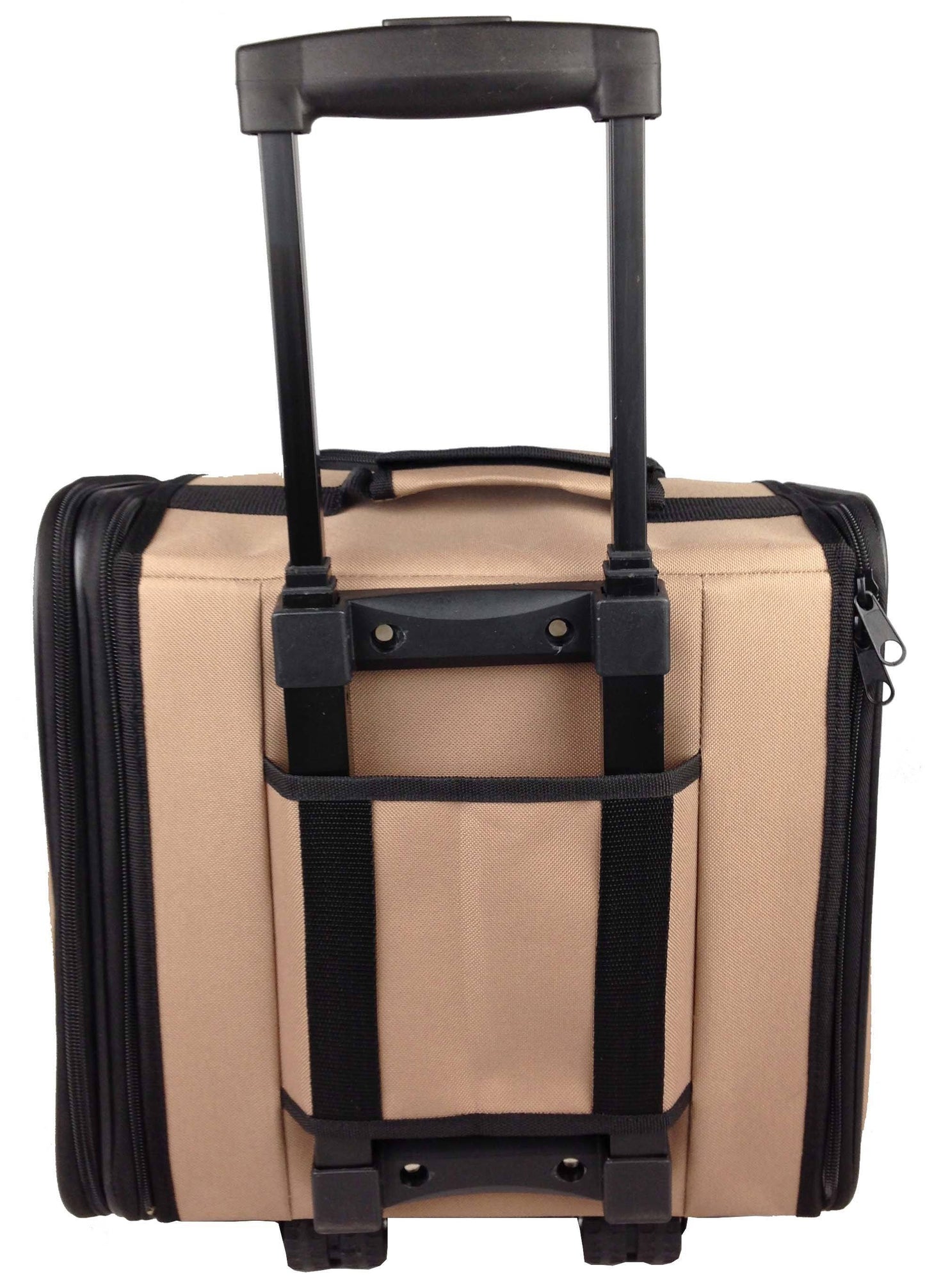Beige suitcase with black straps and handle on a white background