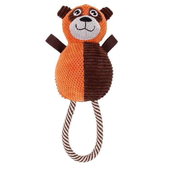 Knitted dog toy with a face design on a white background