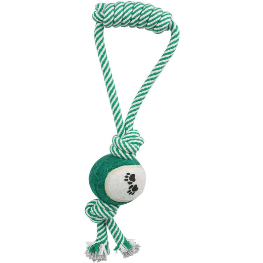 Green and white dog toy with a ball and rope on a white background