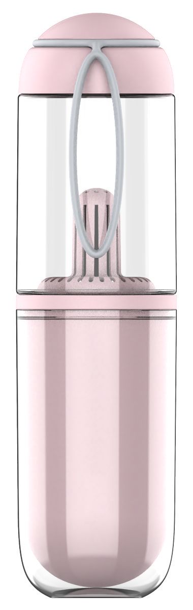Pink glass container with a white cap on a white background