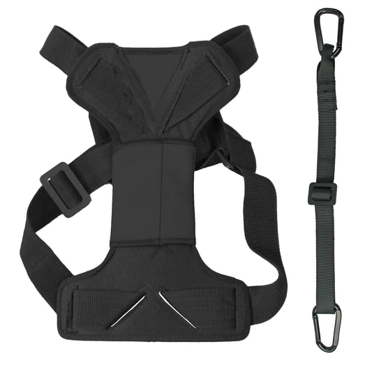 Black harness with a strap on a white background