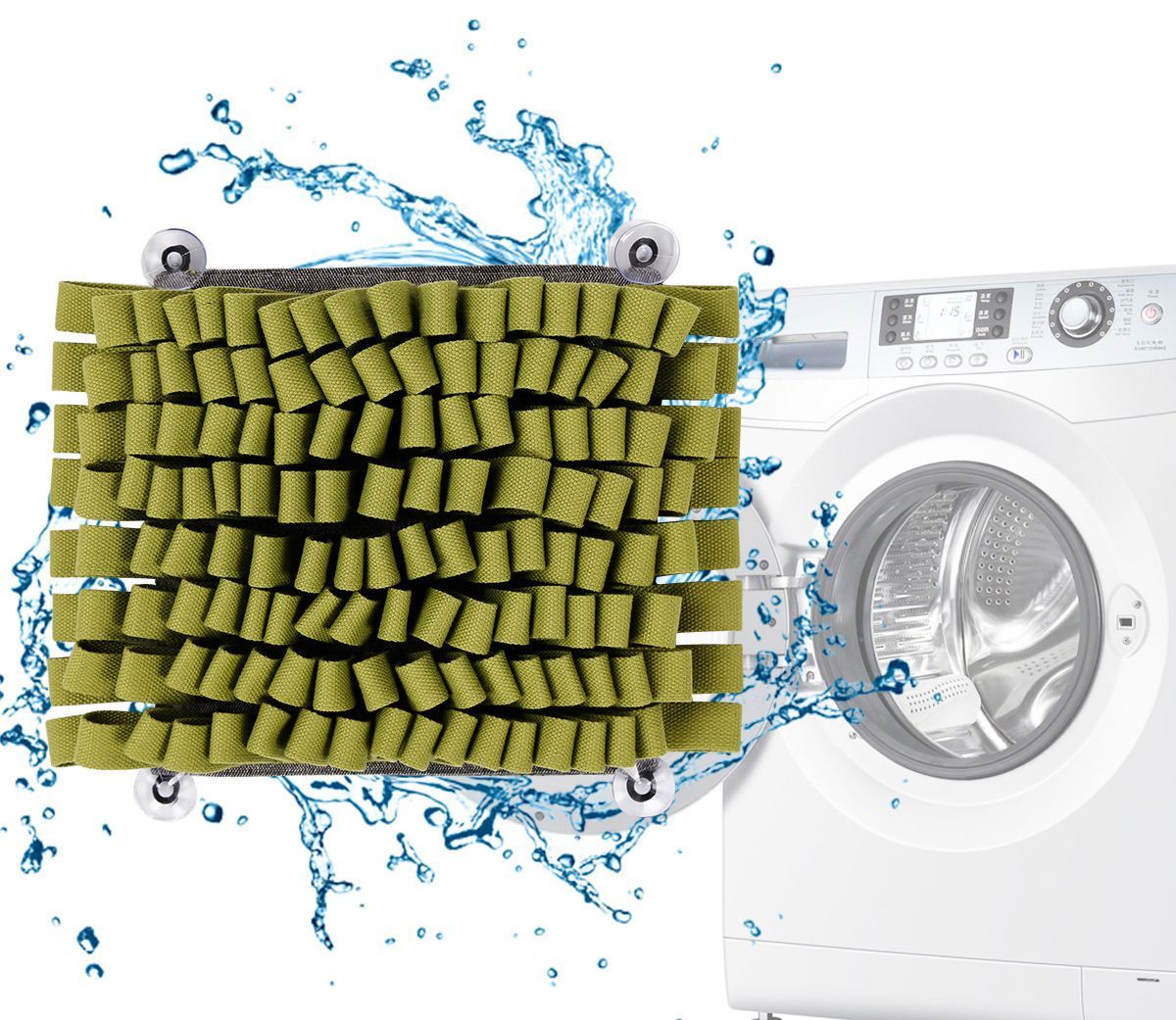 Green foam pad with washing machine and water splashes on a white background