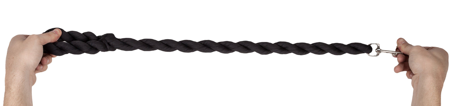 Black braided rope held between two hands on a white background